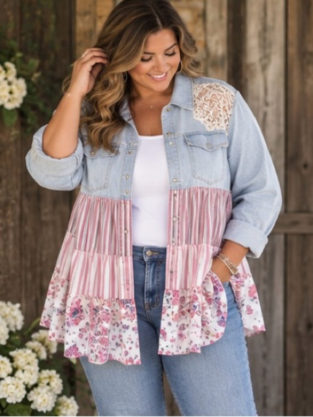 Light Wash Denim & Pink Mixed-Print Button Front Top